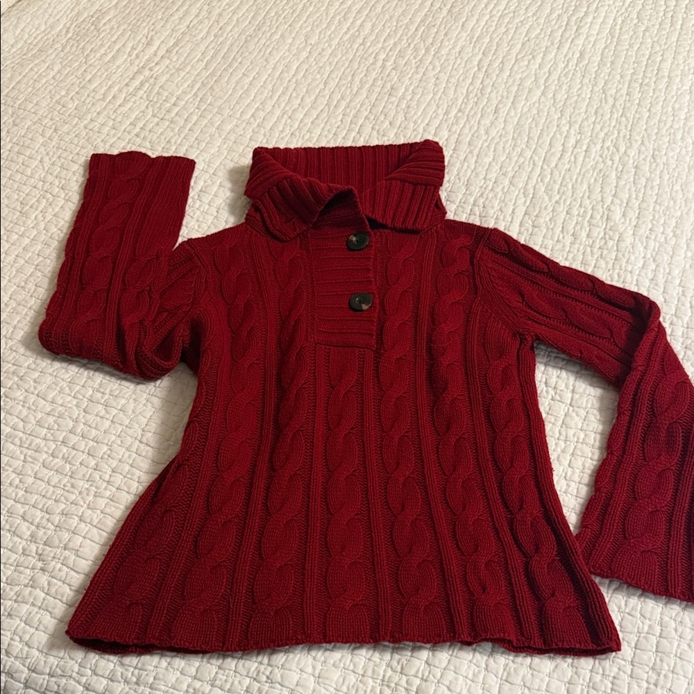 Eddie Bauer Cable-Knit Red Button Funnel-Neck Sweater